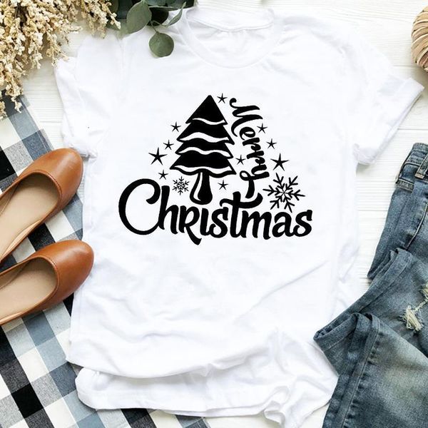 

women letter snow tree mujer camisetas holiday merry christmas clothes ladies graphic print tee tshirt female t-shirt, White