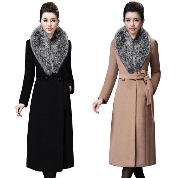 

autumn winter women's wool blends coat fashion elegant belts jacket slim long outerwear warm big fur woolen coat female 2020 new1, Black