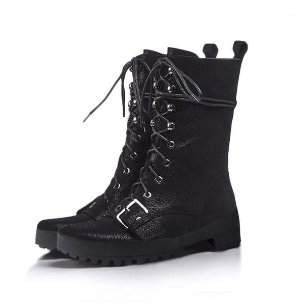 

boots women fashion buckle lace-up pu leather knee bare square heel casual middle booties female warm shoes plus size1, Black