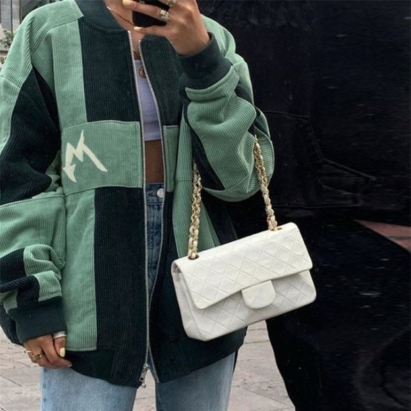 

contrast green vintage corduroy oversized woman jacket coat zip up bat sleeved loose casual streetwear brand designer streetwear 201112, Black;brown