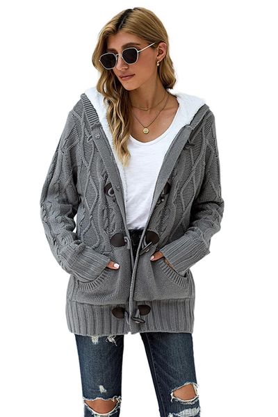 

2021 new womens fashion baggy warm fleece lined toggle button knit twist hoodie cardigan sweaters n9qb, White;black