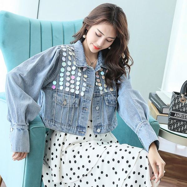

women's jackets 2021 denim jacket hand nail bead sequin chain fashion, Black;brown