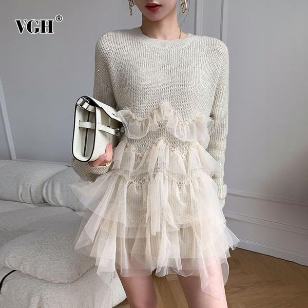 

vgh elegant patchwork mesh ruffle sweater for women o neck long sleeve casual knitted female fashion clothing 2021 autumn, White;black