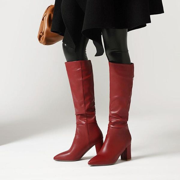 

2020 high heel knee high boots women shoes faux leather pleated long boots pointed toe 34-43 autumn winter, Black
