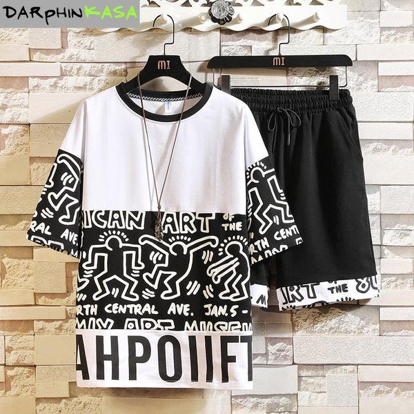 

men's set tracksuit men sets 2020 summer clothes hip hop print casual street clothing two piece sportswear shorts t-shirt men1, Gray