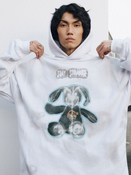 

men toy rabbit & slogan graphic kangaroo pocket hoodie o6kf#, Black