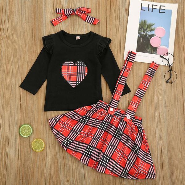 

baby clothes set toddler girls valentine's day hearts baby clothing set plaid suspender skirts outfits vetement fille kids, White
