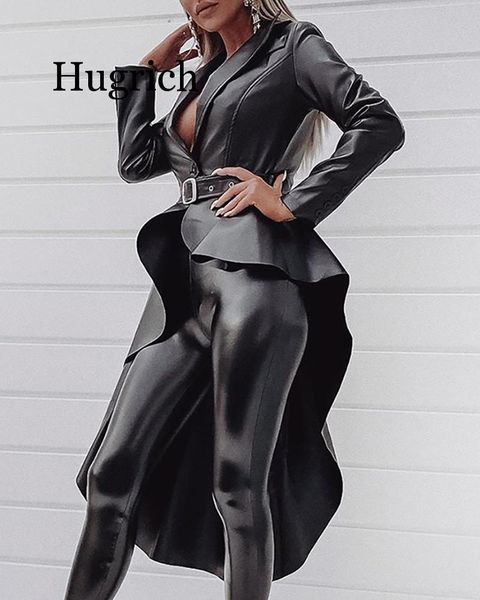 

2020 autumn asymmetrical leather outwears black yong club fashion full sleeve high waist slim women x-long outwears, Black;brown
