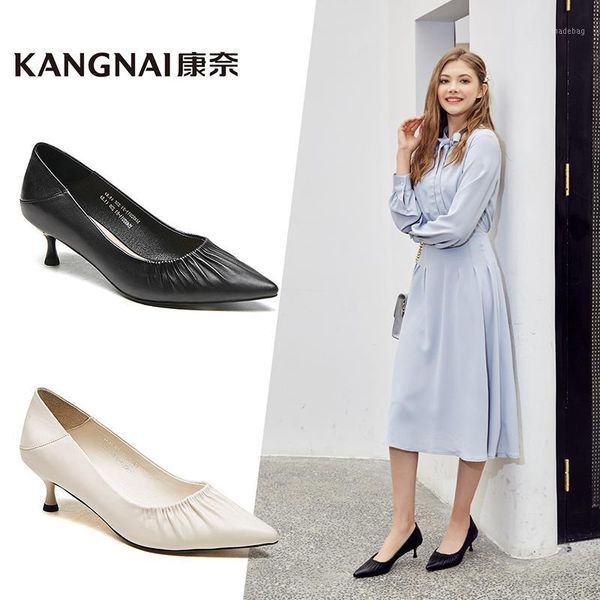 

kangnai women fashion mid heels shoes pointed toe office shoes solid color shallow female pleated thin heels1, Black