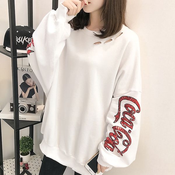 

7221#2020 spring new style korean loose bf sequin long sleeve girl student versatile tattered fashion sweater sweater sweater ygsje, Black