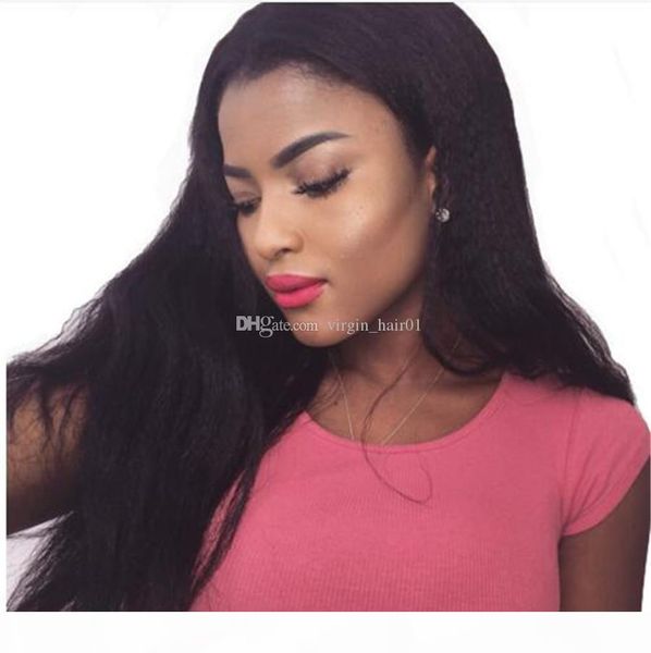 

kinky straight human hair wig croase yaki front lace wig peruvian virgin unprocess hair full lace glueless wigs for black women, Black;brown