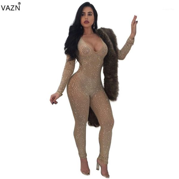 

vazn 2018 new style brand fashion bodycon jumpsuit full sleeve lace jumpsuit v-neck club wear y0361, Black;white