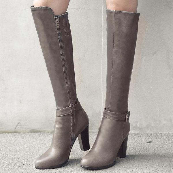 

boots 2021 winter autumn fashion pu leather knight women knee zipper comfort square buckle 43, Black