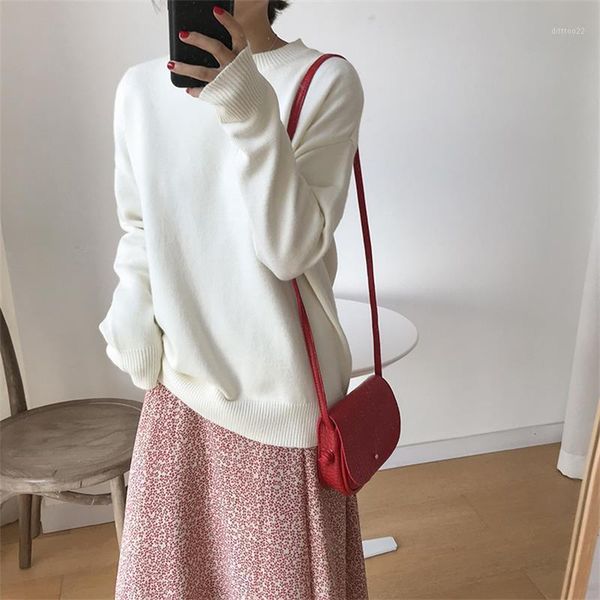 

women's sweaters women sweater autumn and winter casual simple solid color loose warm core-spun korean style vintage o-neck pullovers1, White;black