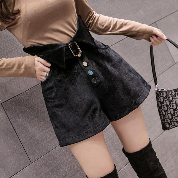 

2021 women autumn winter vintage gold velvet shorts lady sashes button high waist wide leg shorts female casual slim g380, White;black