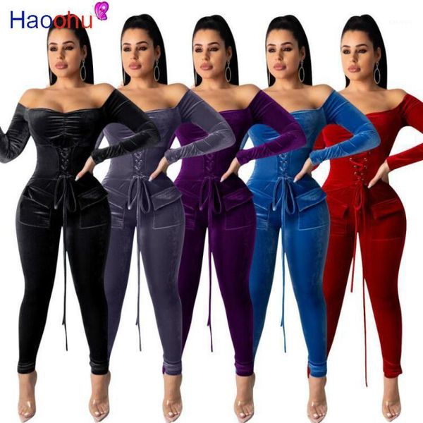 

haoohu velvet jumpsuit rompers elegant womens bandage overalls long sleeve warm night party winter jumpsuit off shoulder1, Black;white