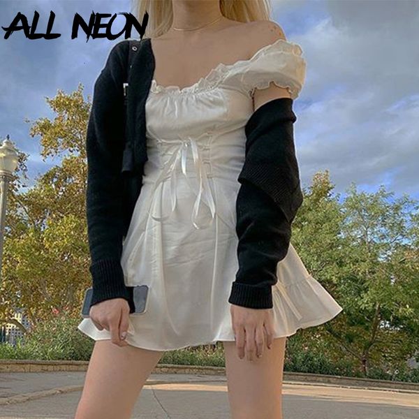 

allneon e girl sweet off shoulder lace up waist white dresses fashion y2k solid puff sleeve ruffle hem a-line mini dress summer