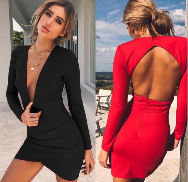 

deep v neck hollow out back designer hips dress solid color long sleeve slim party dress night club female clothing, White;black