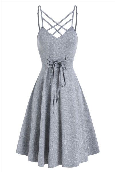 

plus size casual dress front strappy lace up mini cami dress sleeveless women elegant party robe femme 3xl, Black;gray