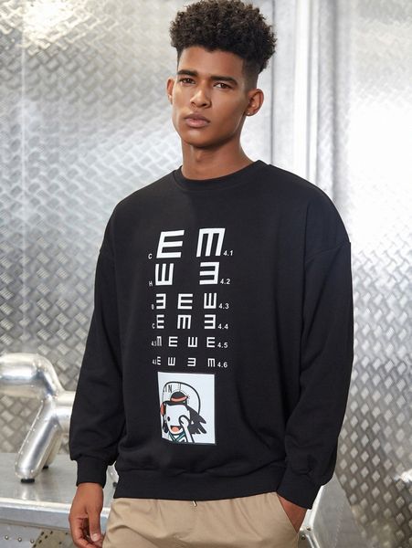 

men letter & cartoon graphic drop shoulder sweatshirt z9z9#, Black