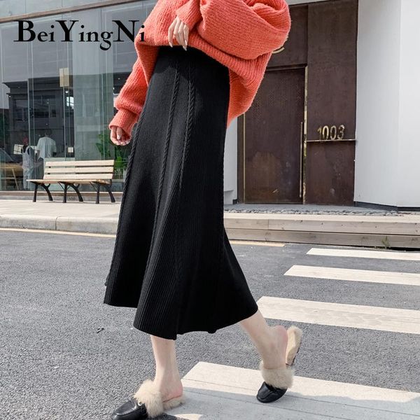 

beiyingni women skirt plus size leisure solid color warm thick winter midi skirts fashion long knitting casual saia faldas mujer, Black