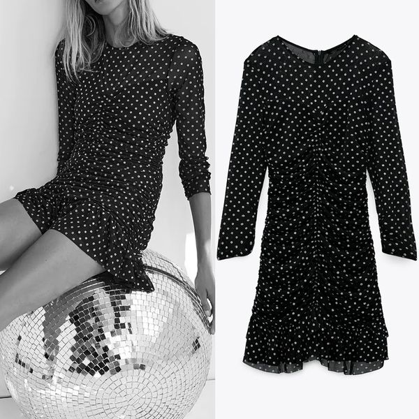 

2021 new black dot mesh tulle mini women winter ruched ruffle long sleeve party dresses ladies vintage dress 0t13, Black;gray