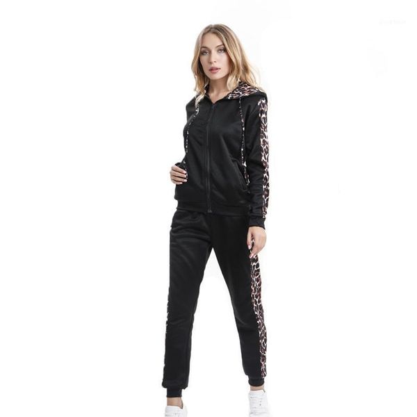 

women's fashion sportswear two-piece fashion casual suit fitness leopard patchwork long-sleeved spring summer fitness clothes1, White;black