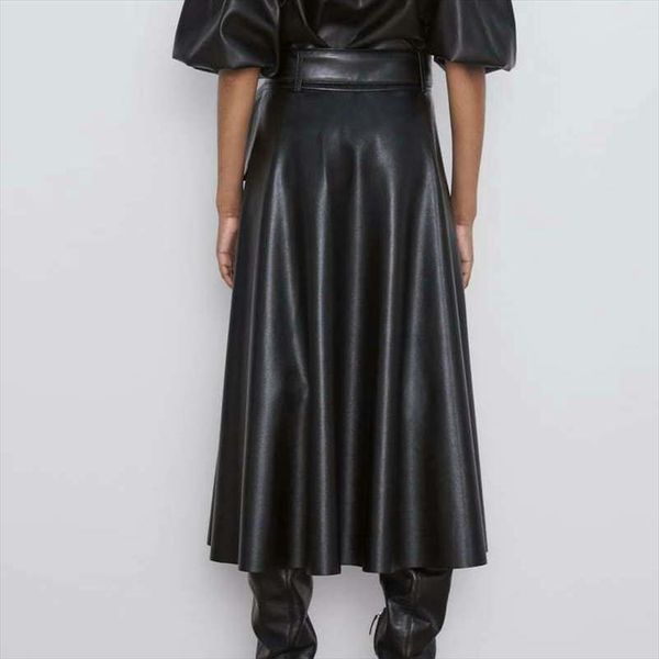 

2020 new fashion women autumn winter pu faux leather skirts lady high waist a line midi mid calf maxi long black wine
