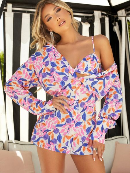 

x ji yeon lee leaf print cami crop & longline blouse set 64nw#, White