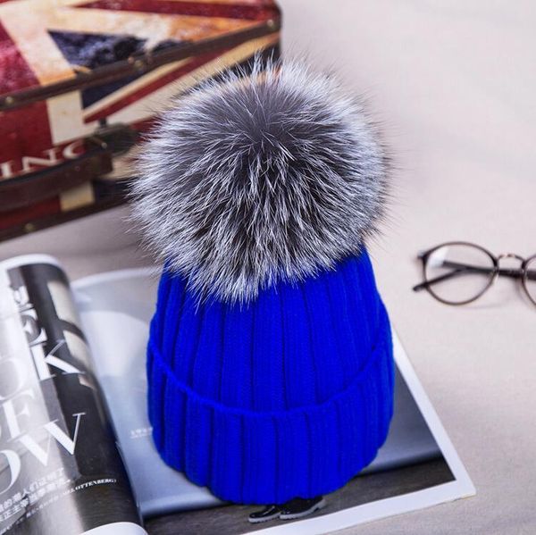 

15cm ball women winter warm caps hats female ladies cute knitted hats with real fur pompom ball kids boys grils warm beanies, Blue;gray