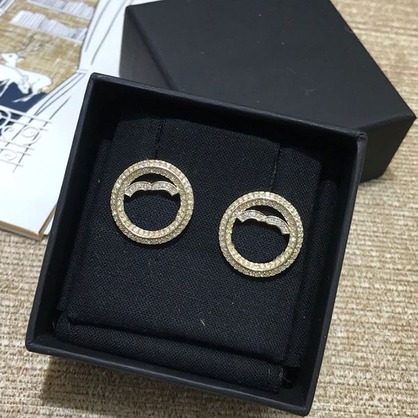 

women's designer earrings classic double letter logo circle inlaid diamond earrings 925 silver needle with box l0-c2, Golden;silver