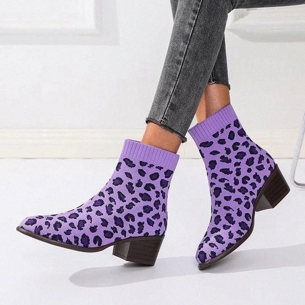 

fashion womens boots leopard knitting women chunky heels ankle booties european style ladies short boots female 2021 #jd6g, Black