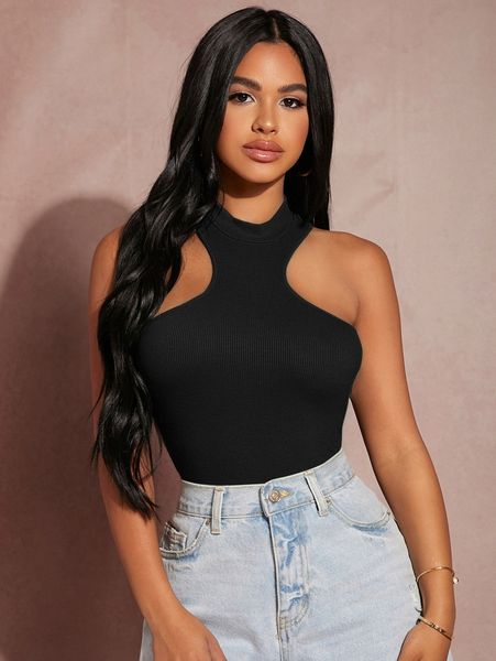 

sxy mock neck rib-knit tank 382y#, White