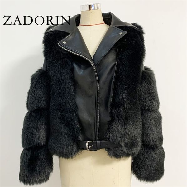 

zadorin fashion luxury faux fox fur coat motorcycle pu leather turn down collar warm faux fur jacket women winter new 201212, Black