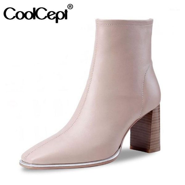 

coolcept real leather women ankle boots solid color sweet women shoes square toe casual ladies party mujer footwear size 34-401, Black