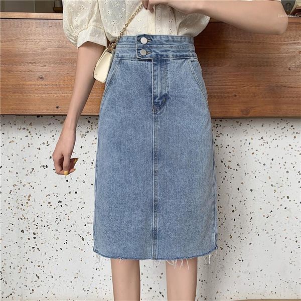 

new 2020 fashion womrn's colthing high waist two buttons slim mid denim skirt casual blue bottoms suitable four season1, Black