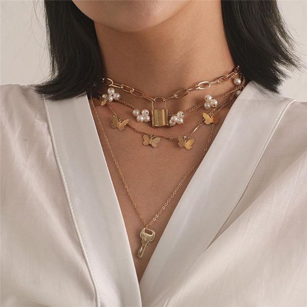

fashion vintage butterfly lock multi layered thick chain necklaces chokers for women punk cuban imitation pearl nekclace jewelry, Golden;silver