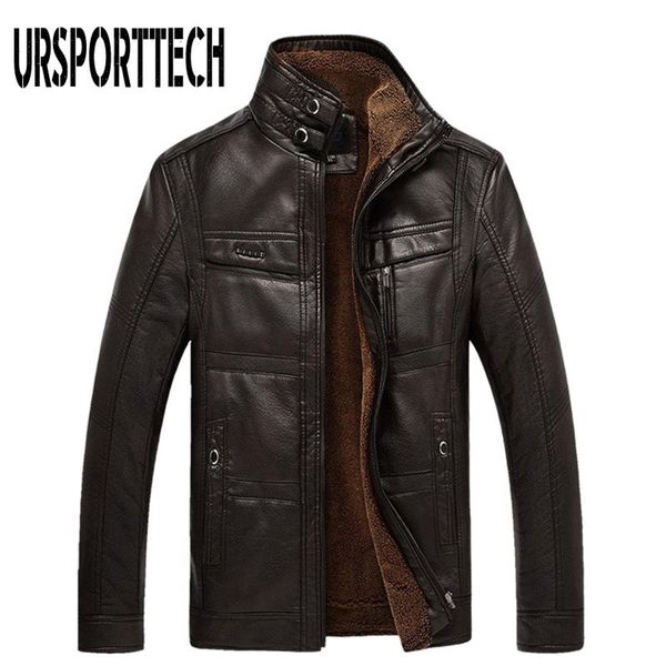 

ursporttech leather jacket men coats pu leather outerwear men business winter faux fur fleece jacket big size, Black