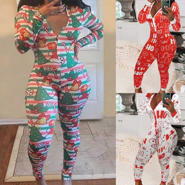 

gym clothing christmas printed women jumpsuit long sleeve round-neck pants overall for skinny rompers female homewear, White;black