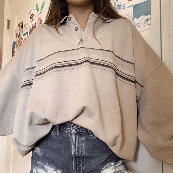 

polo collar usa vintage horizontal stripes sweatshirt women bf loose oversized casual girls autumn new plus size pullovers t200904, Black