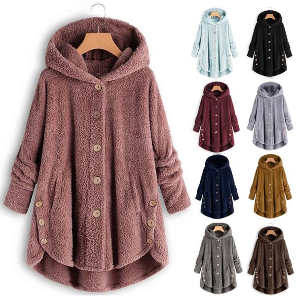

autumn winter fur jacket warm fashion fur coat women button plush warm coat female thick long hooded plus size 2020, Black;brown