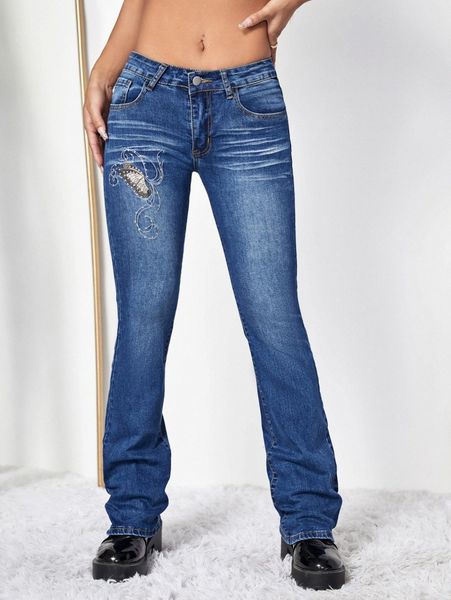 

butterfly embroidery flare leg jeans x6mh#, Blue