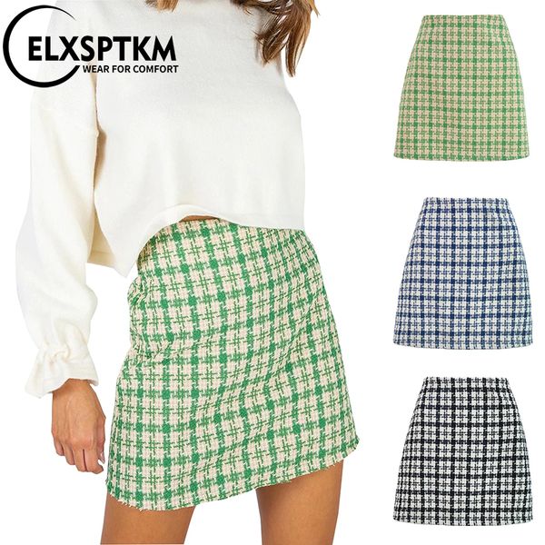 

new arrival women high waist autumn winter woolen plaid skirt female short casual mini vintage straight black skirt q1114