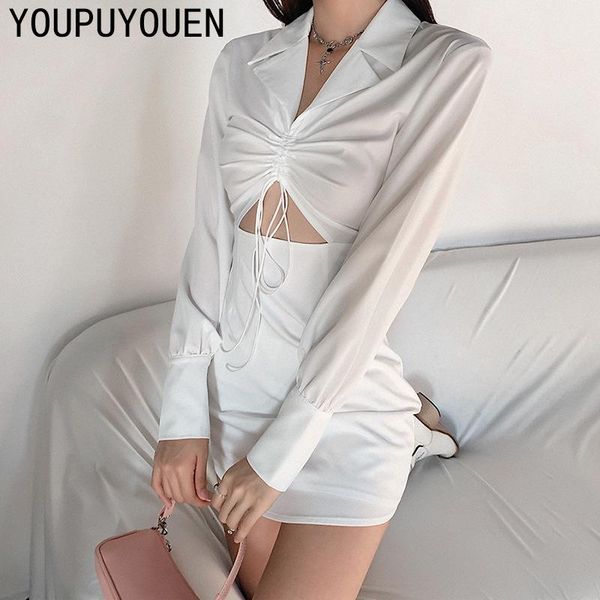

2021 spring autumn women fashion elegant white ruched hollow wrap dresses ladies long sleeve mini party clubwear, Black;gray