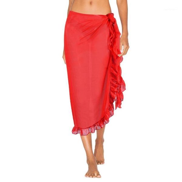 

women skirt solid color beach long skirt ruffles sarong wrap bikini cover up swimsuit sunscreen skirts1, Black