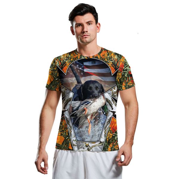 

loose fashion trend print new hunting round neck short sve t-shirt for men, Black