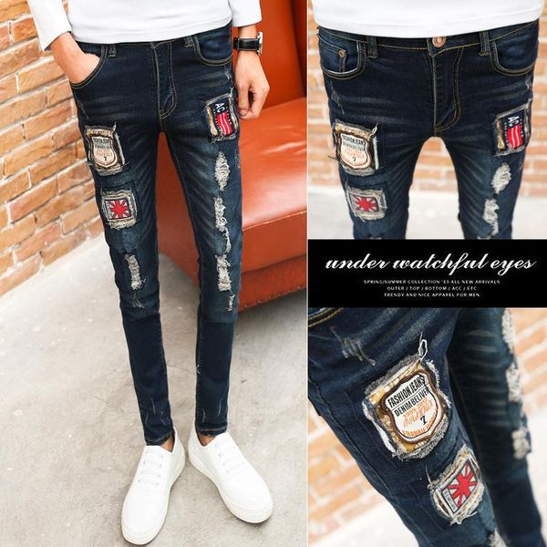 

оптовая 2020 подростков denim хип-хоп ripped узкие джинсы мужские весна лето корейский черный молодежные тонкий стрейч ноги карандаш штаны, Blue