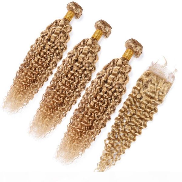 

kinky завитые weaves pure 27 блондинки 3bundles человеческих волос с закрытием светло-коричневый завитые малайзийских виргинские утков волос, Black;brown