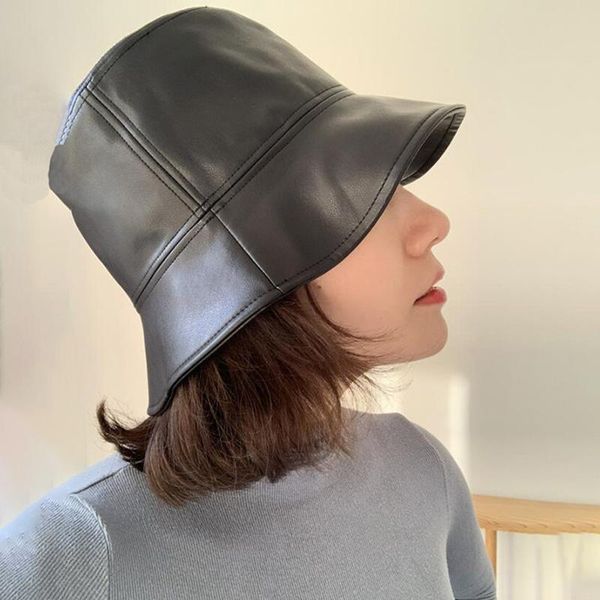

soft leather women bucket hat fashion winter autumn faux pu leather solid black lady panama caps female sunscreen sun hats, Blue;gray