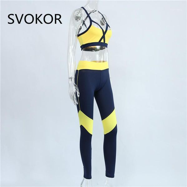 

svokor women two pieces yellow elastic cross shoulder strap mesh stitching set vest trousers fitness slim leggings 2 piece set1, White